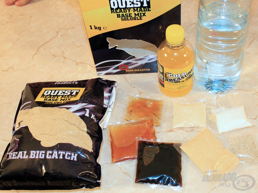 A Soluble Bio Big Fish Quest Ready-Made Base mix tartalma:<br>1. The Gold Treasure 225 ml<br>2. Bio Big Fish Liquid Attract 8 ml<br>3. Natur Attract 25 ml + Attractamino 25 ml keveréke<br>4. K. M. Nugget Oil 30 ml<br>5. Betain HCl 5 g<br>6. The Edge extract 10 g<br>7. Flavone Fish 2 g<br>8. só 10 g