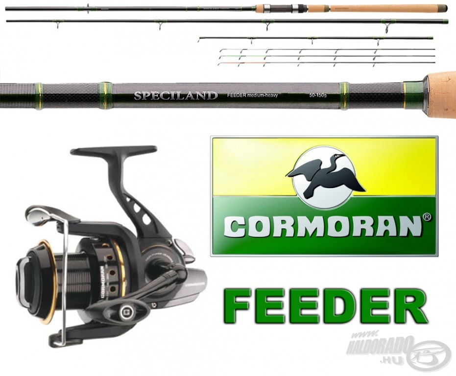 A feederes pecások a Cormoran Speciland Feeder 3,60 m hosszú, 50-150 g dobósúlyú változatára, hozzá BLACK MASTER Feeder 6PiF 5000 orsóra pályázhatnak