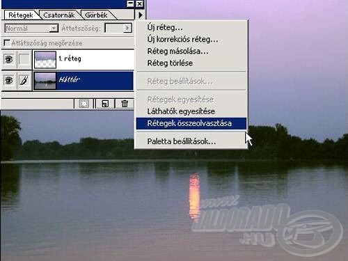 Nincs más hátra, mint a rétegek egyesítése. Ha túl erősnek találjuk az alkalmazott effektust, akkor az összeolvasztás előtt még állíthatunk a felső réteg áttetszőségén, ezzel könnyen megtalálható a kívánatos állapot