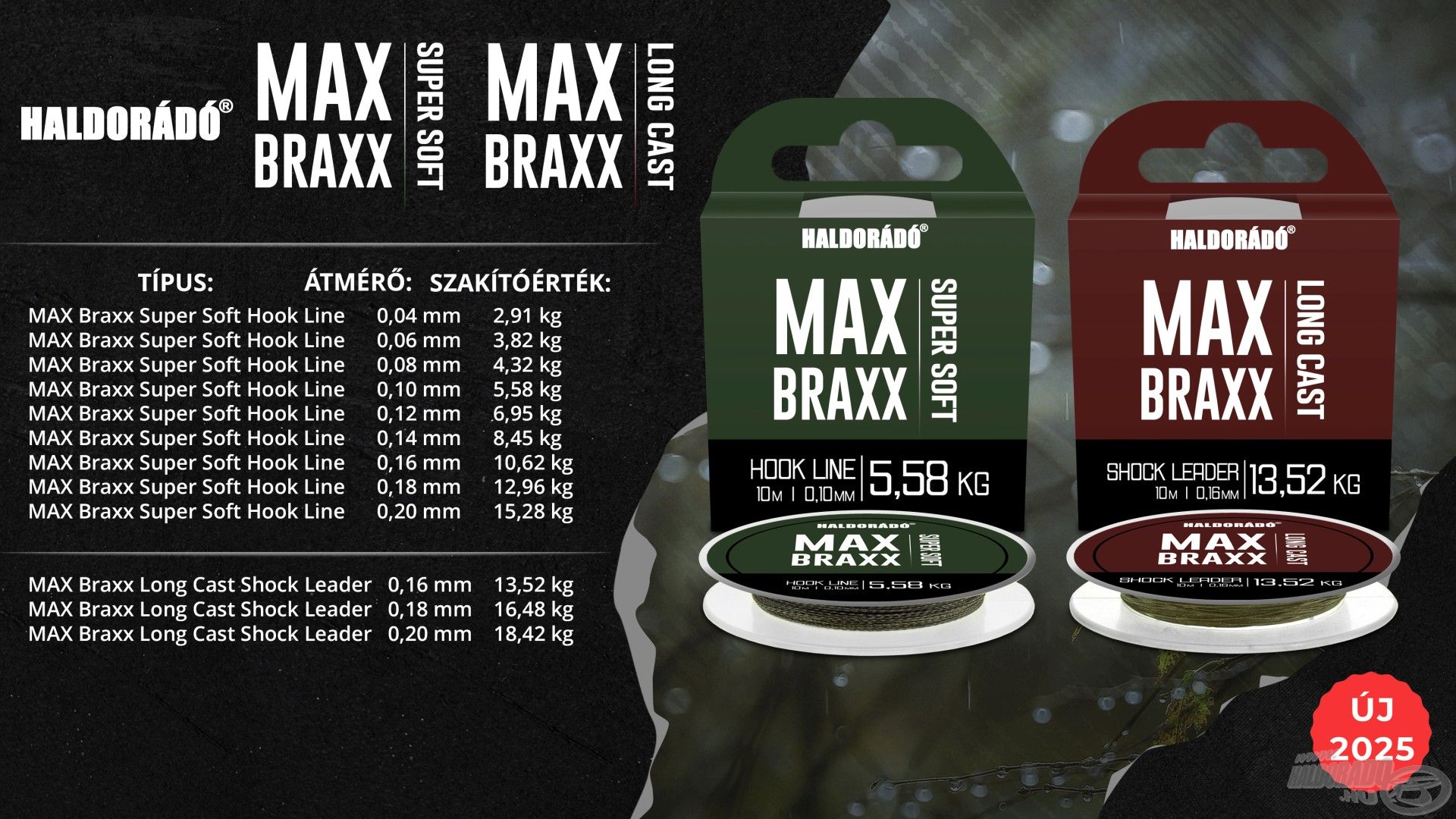 A Haldorádó MAX Braxx - Super Soft Hook Line egy professzionális, süllyedő fonott feeder előkezsinór, míg a MAX Braxx - Long Cast Shock Leader fonott dobóelőke