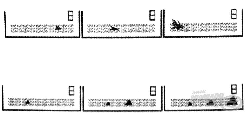A vízi növényzet és a mederprofil egyenetlenségének jelzése ikon-rendszerű az ET halradarokban (fent a „hínárikonok”, lent a „szilaikonok”